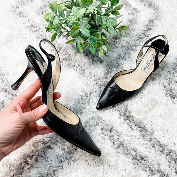 Jimmy Choo Shoes - Jimmy Choo Leather Pointed Toe Slingback Heel Pump Black Size 38.5